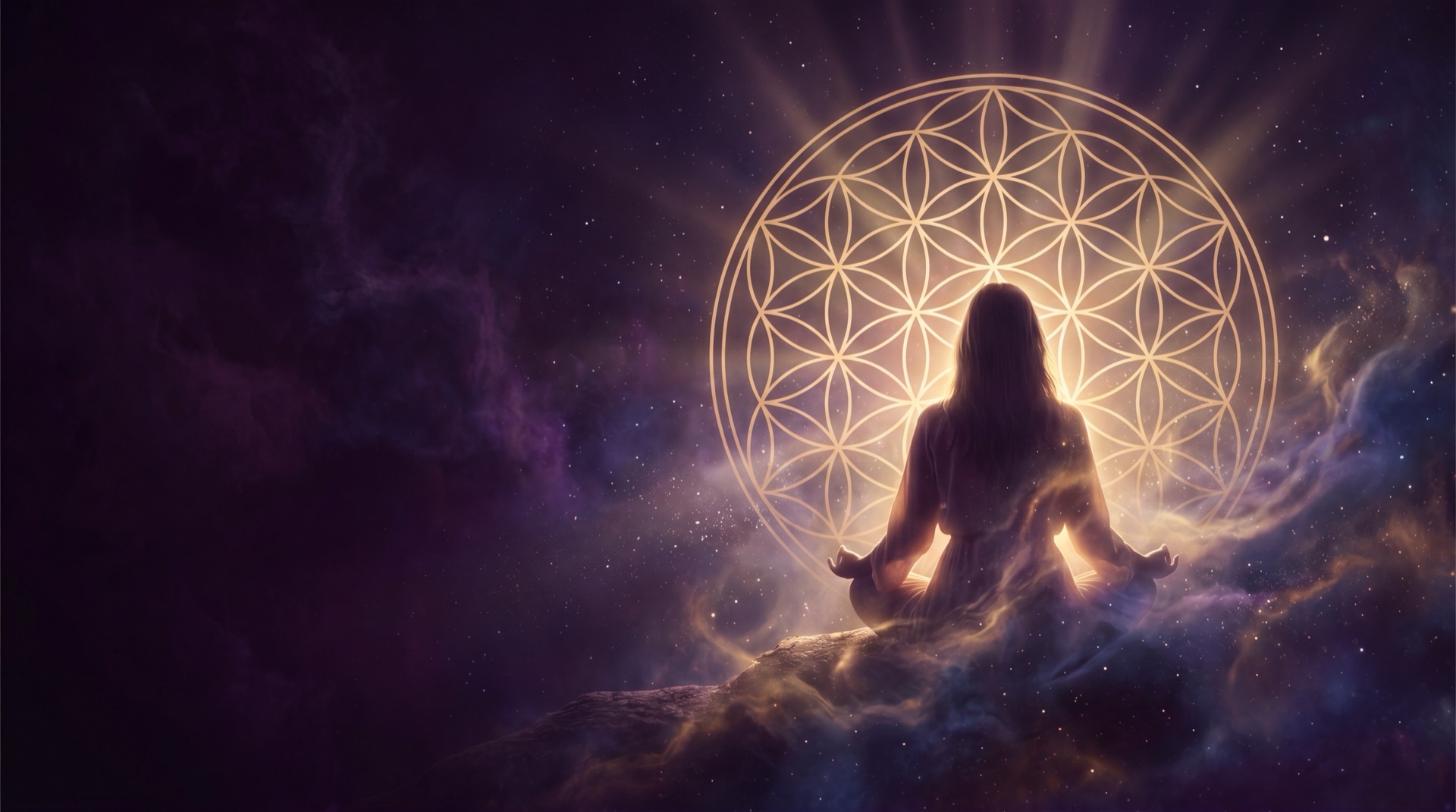 Mujer en meditación frente a una flor de la vida dorada en un cosmos violeta
