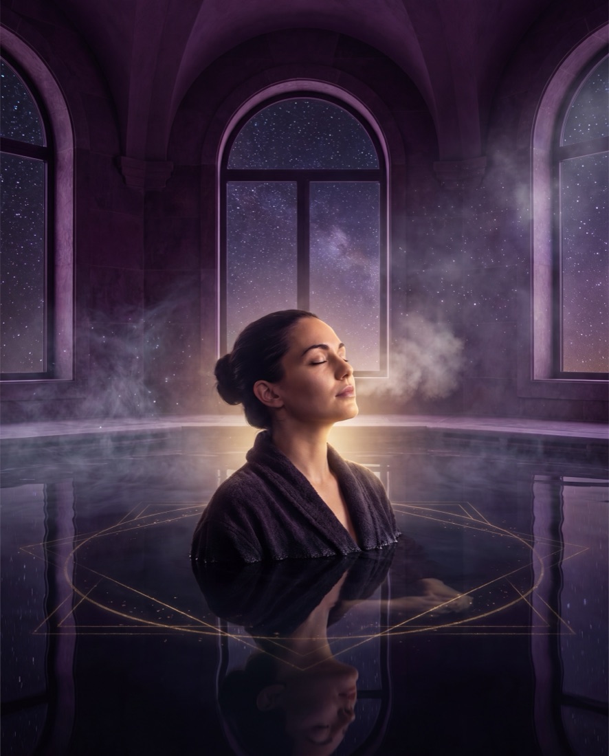Mujer serena sumergida en agua fría con vapor, rodeada de un ambiente cósmico violeta y dorado