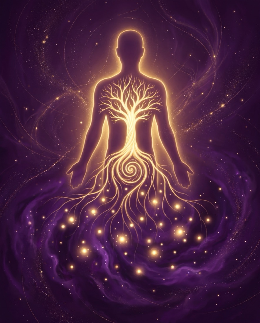 Silueta con un árbol de luz dorado y raíces descendiendo hacia el cosmos, símbolo del origen emocional