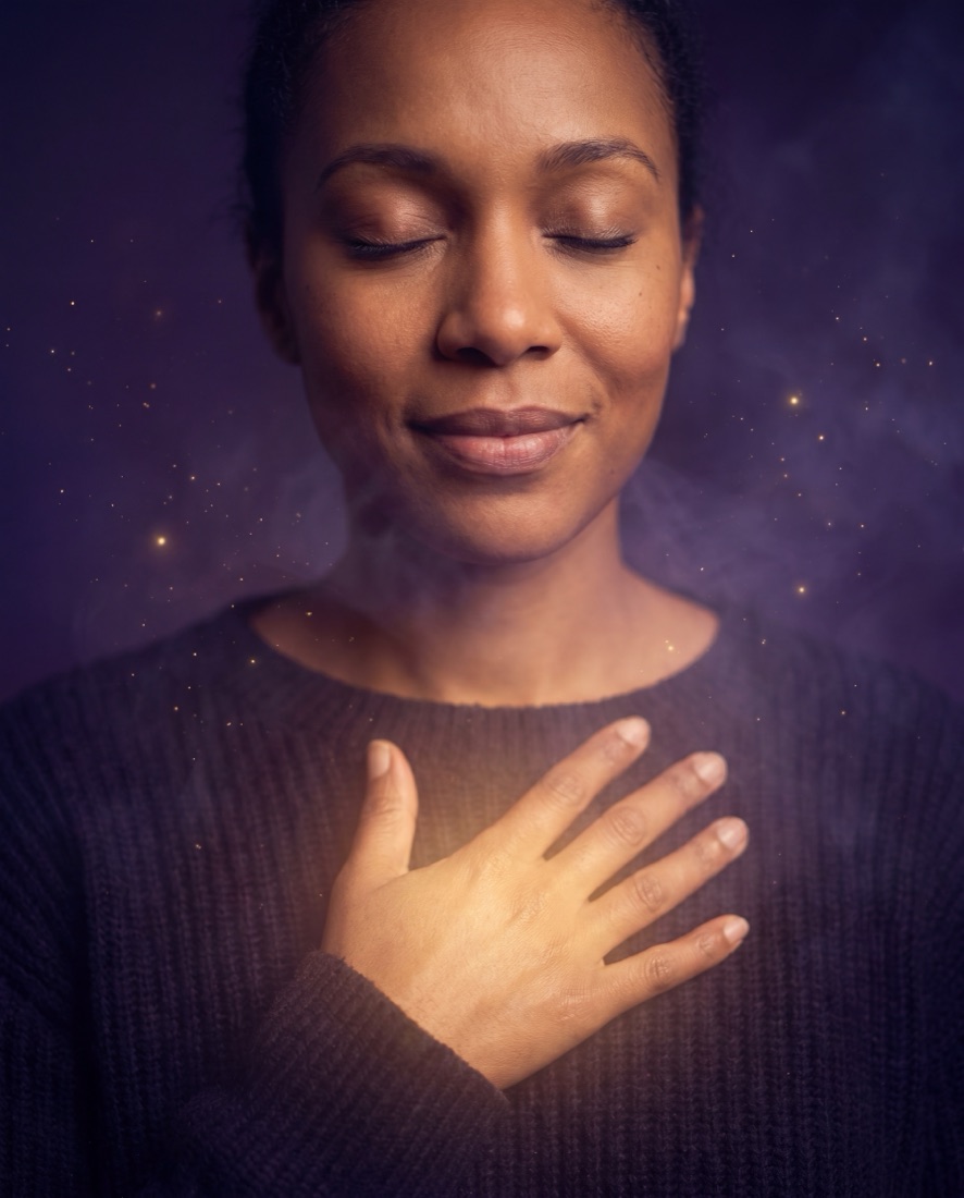 Mujer latina serena con la mano en el pecho respirando, con luz dorada en el corazón